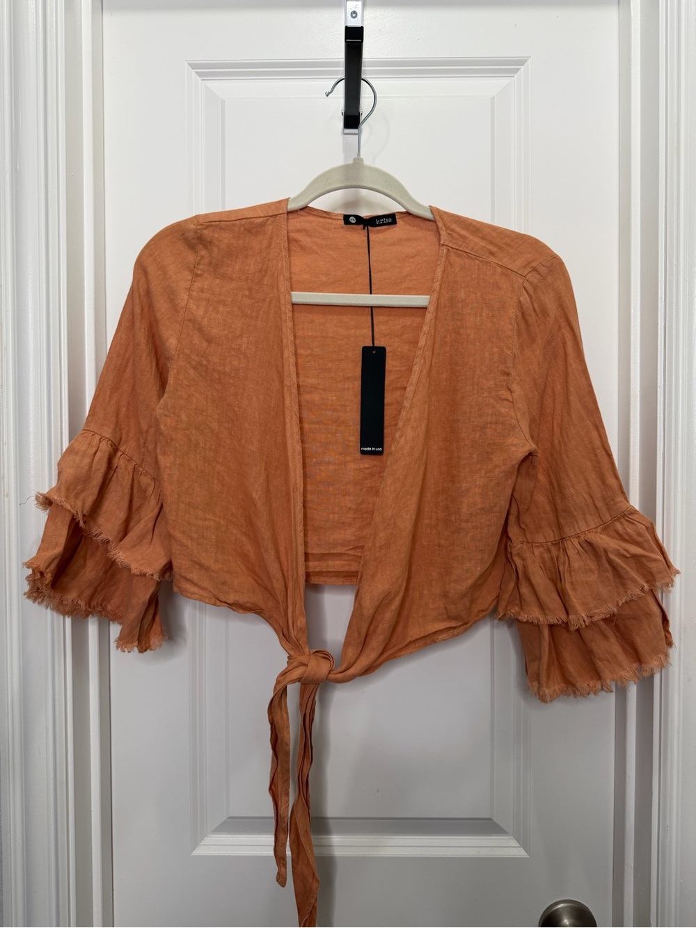 Krisa Linen Tie Front Ruffle Sleeve NJ Crop Top XS Coral
